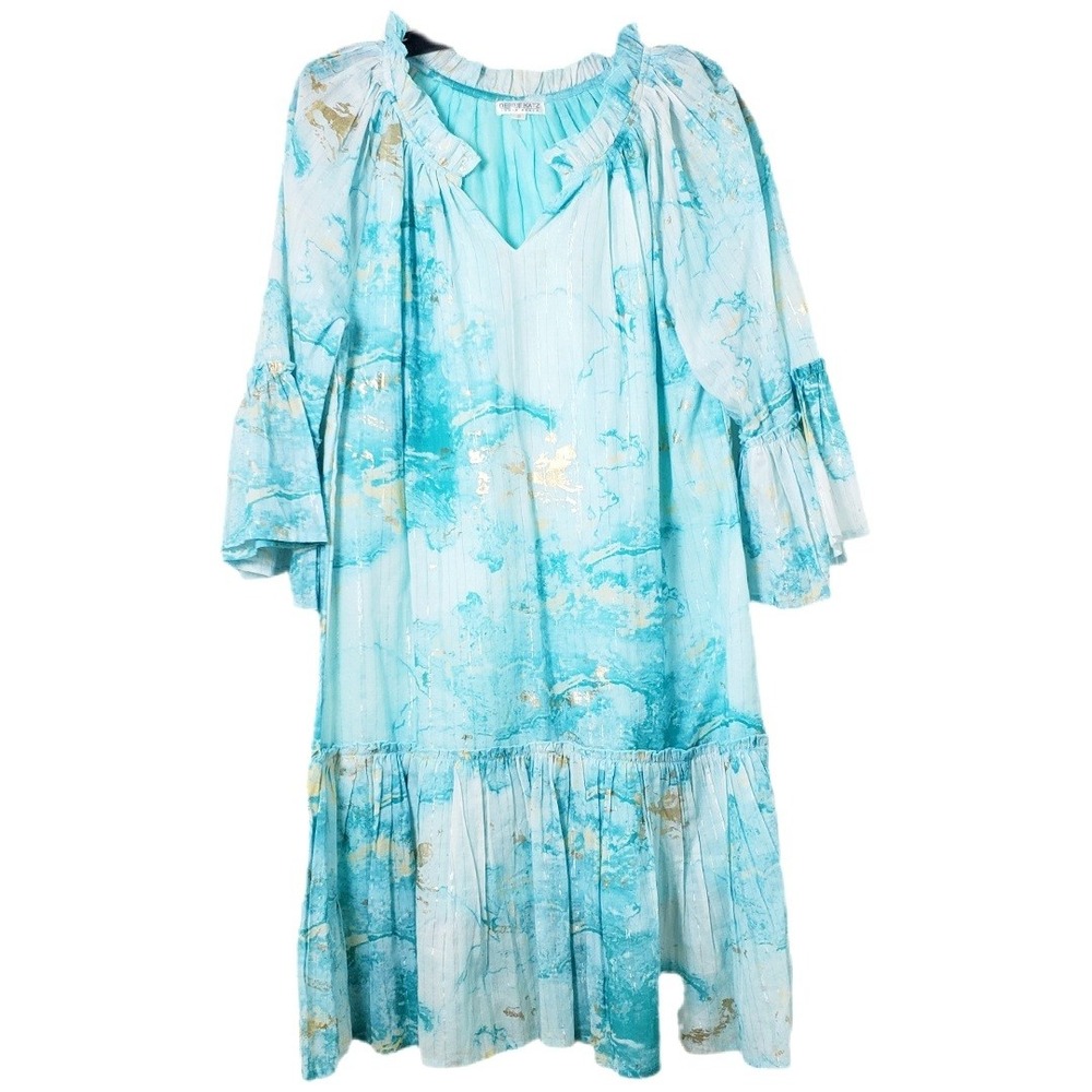 Debbie Katz‎ South Beach Aqua Gold Marble Print Ruffle Bell Sleeve Midi Dress